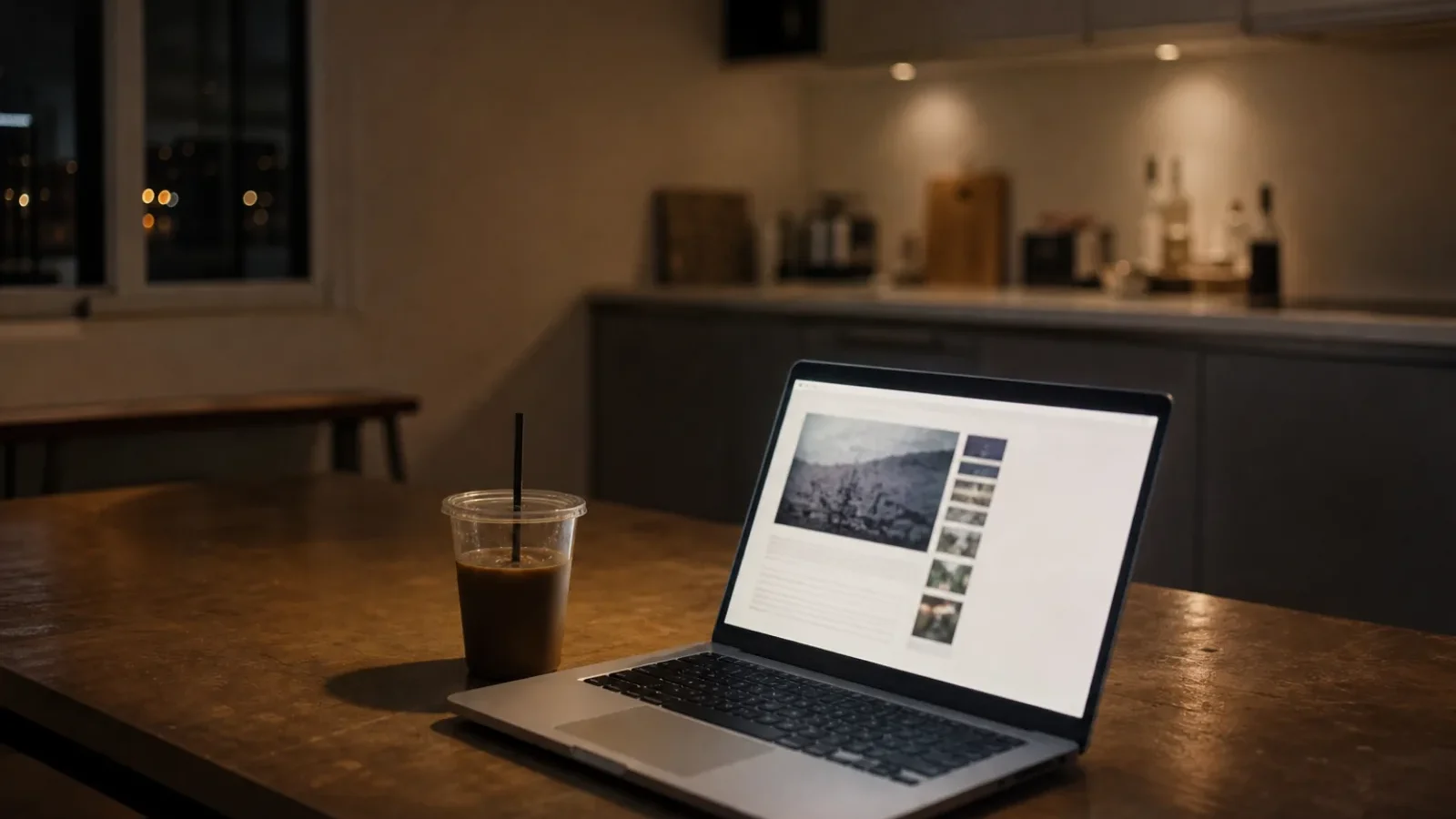 Laptop auf einem Küchentisch bei Nacht