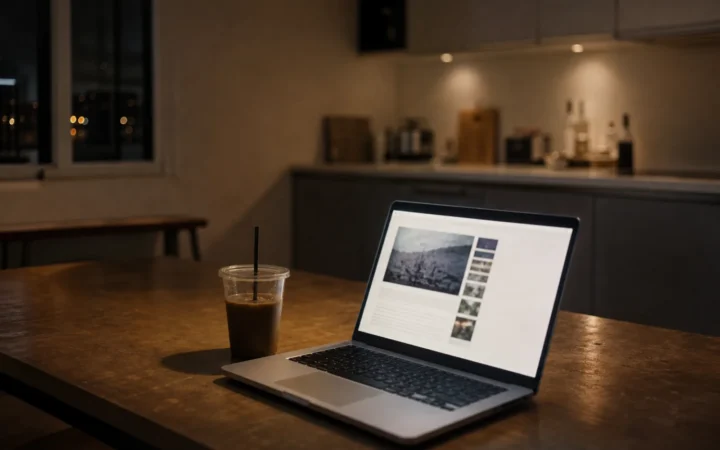 Laptop auf einem Küchentisch bei Nacht