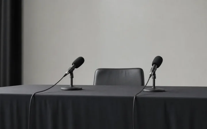 Leerer Tisch bei einer Pressekonferenz