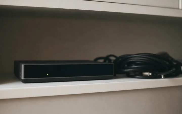 Receiver mit Kabeln im Regal