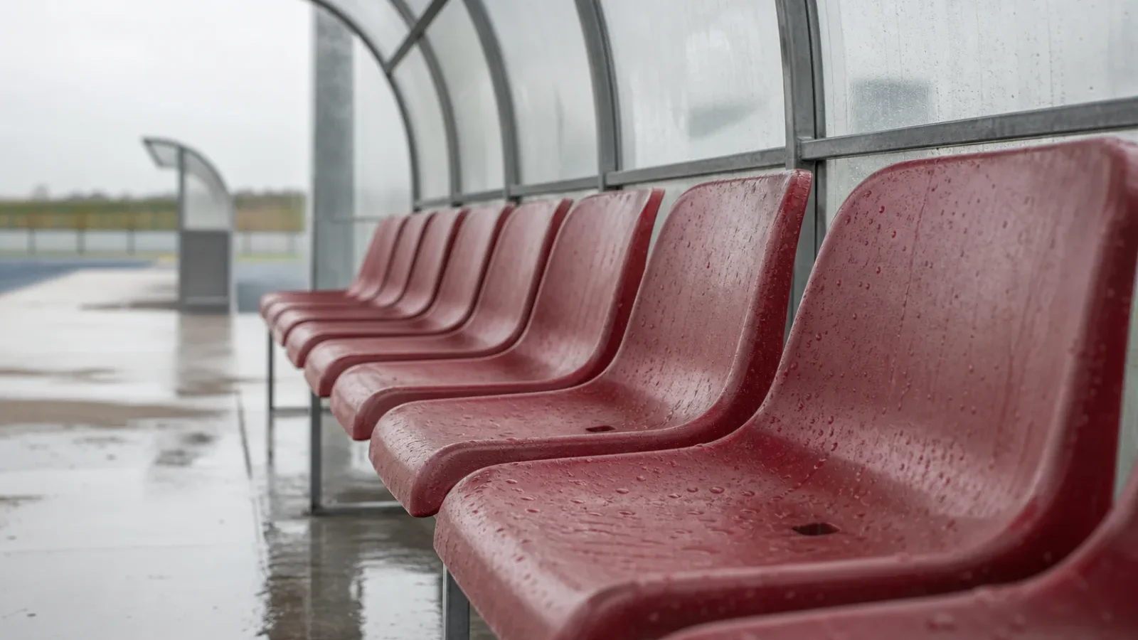 Leere Trainerbank im Regen