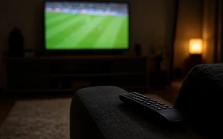 Fernseher mit Fußballübertragung im dunklen Wohnzimmer