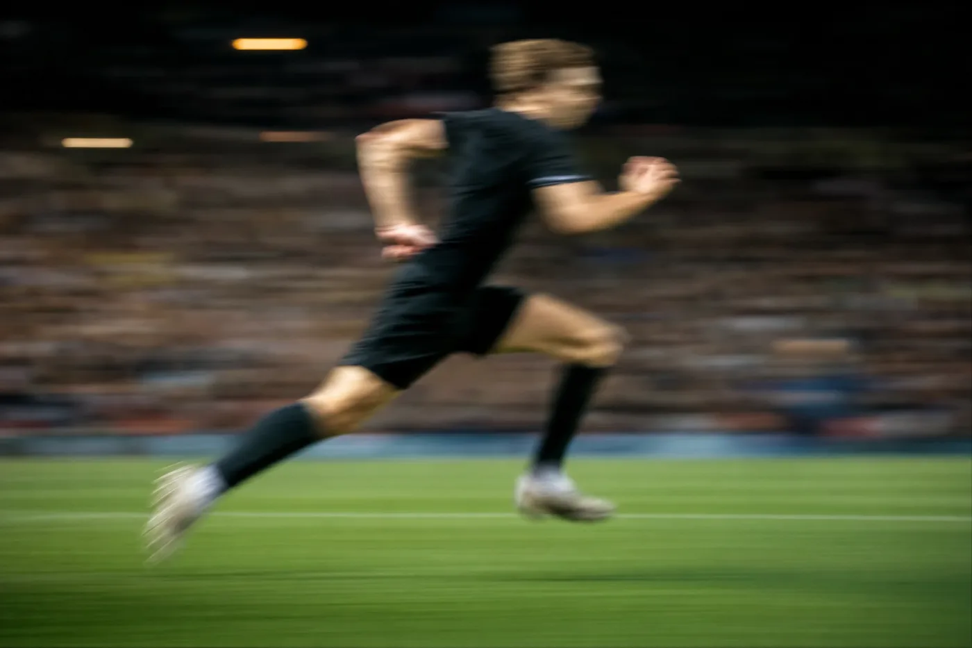 Spieler im Sprint über den Flutlichtrasen, Bewegungsunschärfe