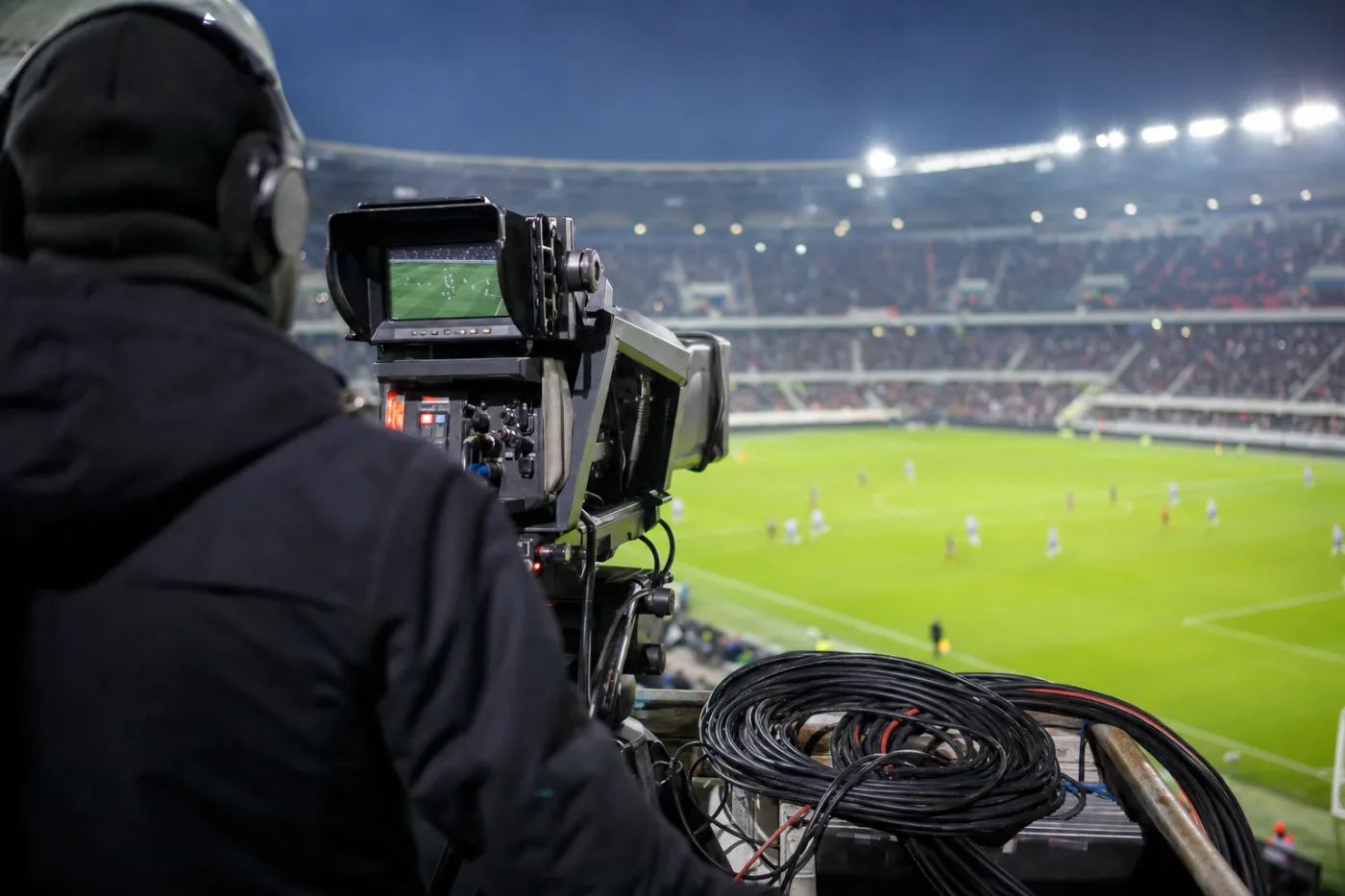 Übertragungskamera am Spielfeldrand eines Stadions