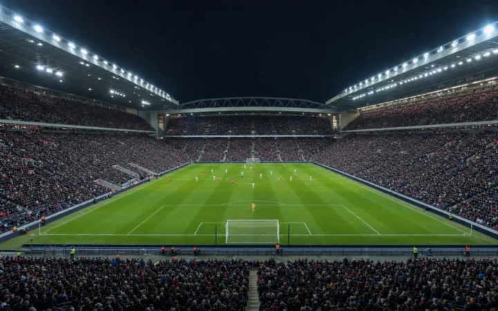 Flutlichtmast über einem gefüllten Stadion bei Nacht