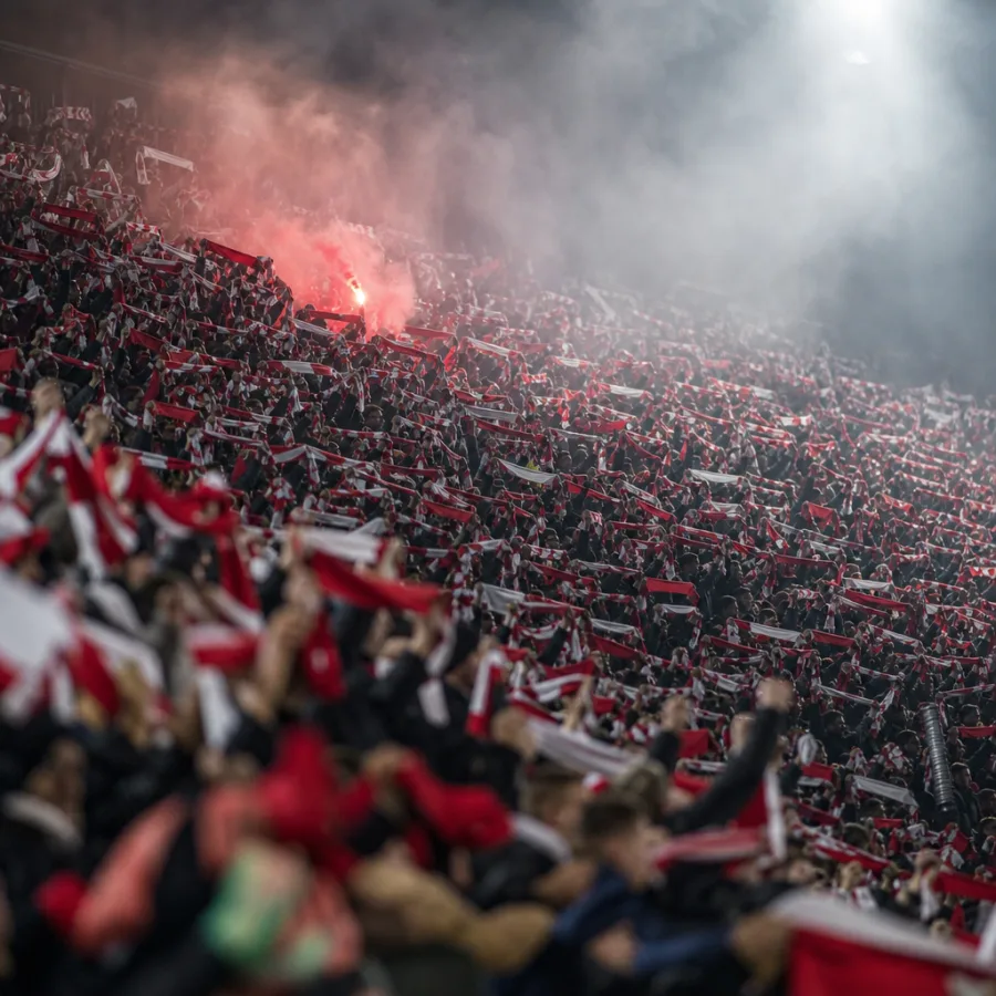Dicht gefüllte Stehplatztribüne während eines Bundesligaspiels