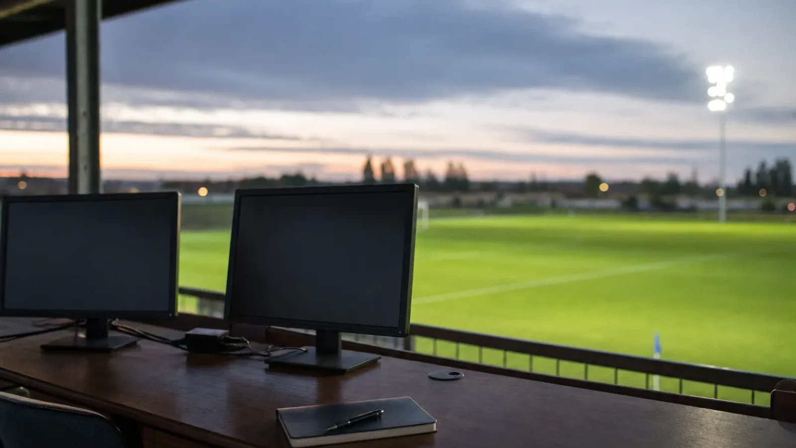 Analystenplatz mit dunklen Monitoren neben einem Spielfeld