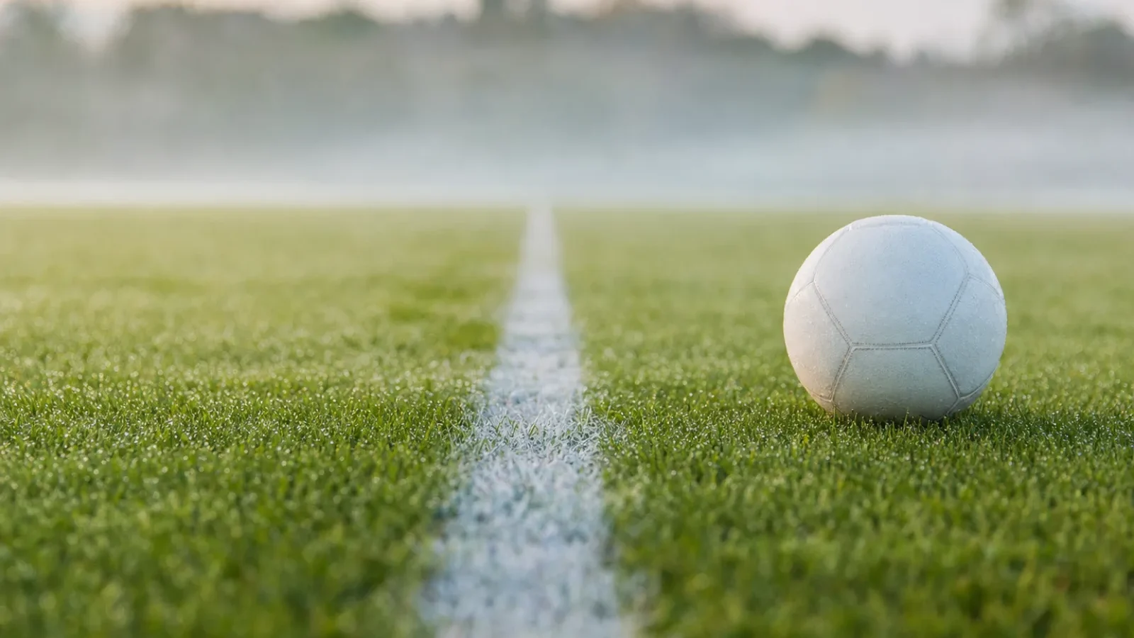 Mittellinie eines Trainingsplatzes im Morgentau
