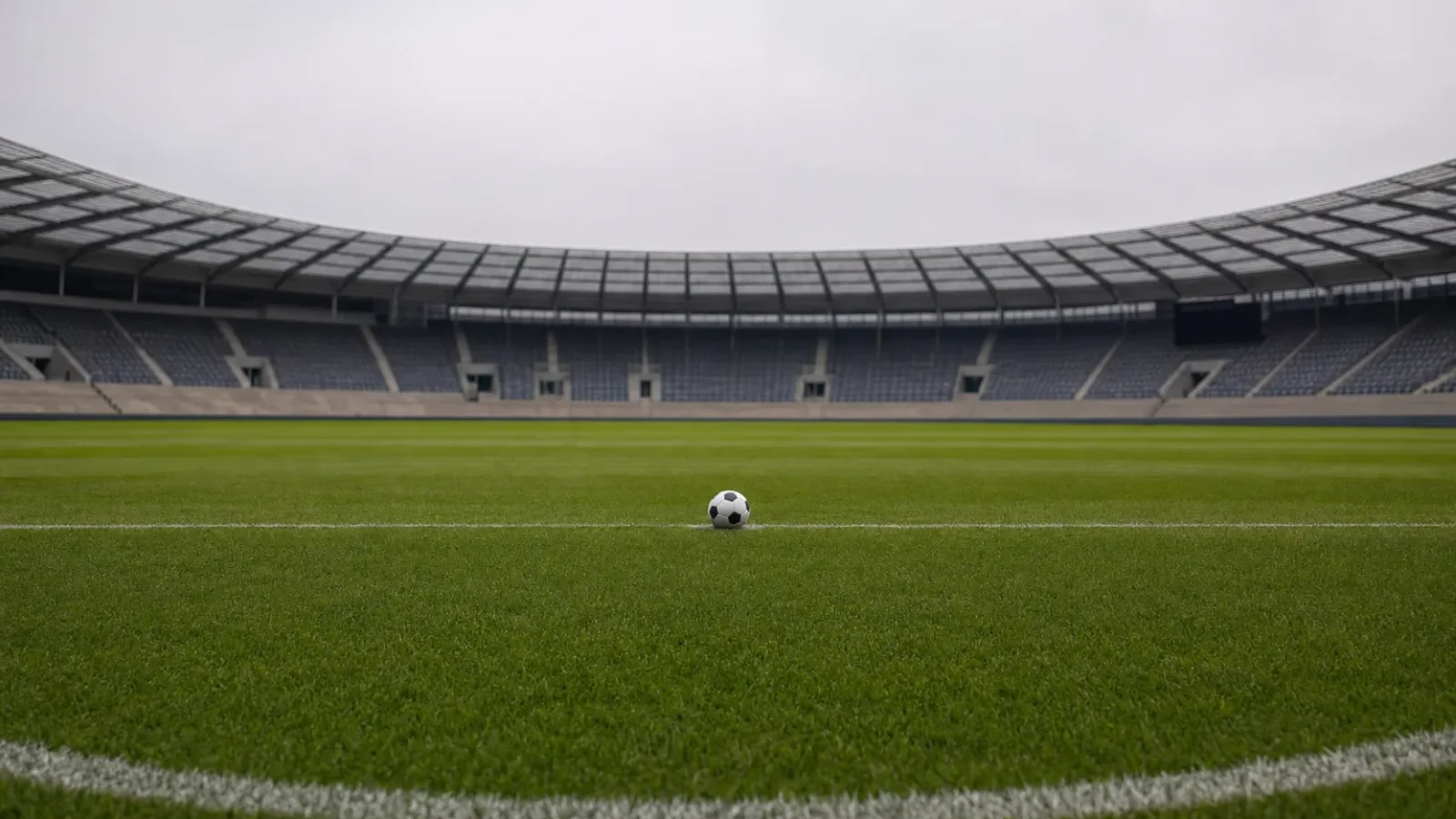 Ball auf dem Anstoßpunkt eines leeren Stadions